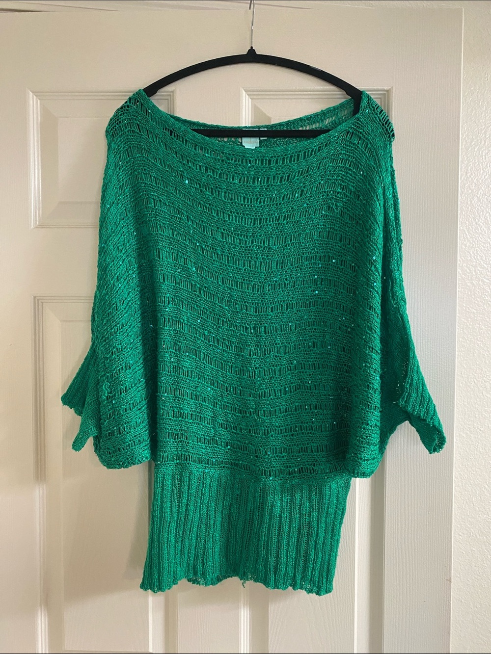 Emerald Off-the-Shoulder Open-Knit Sweater